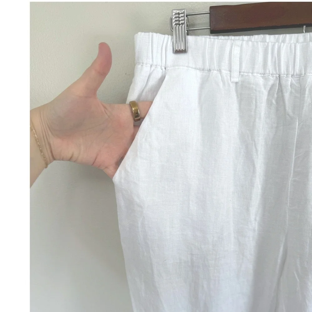 Quince Womens White 100% European Linen Straight Leg Elastic Waist Pants Sz L